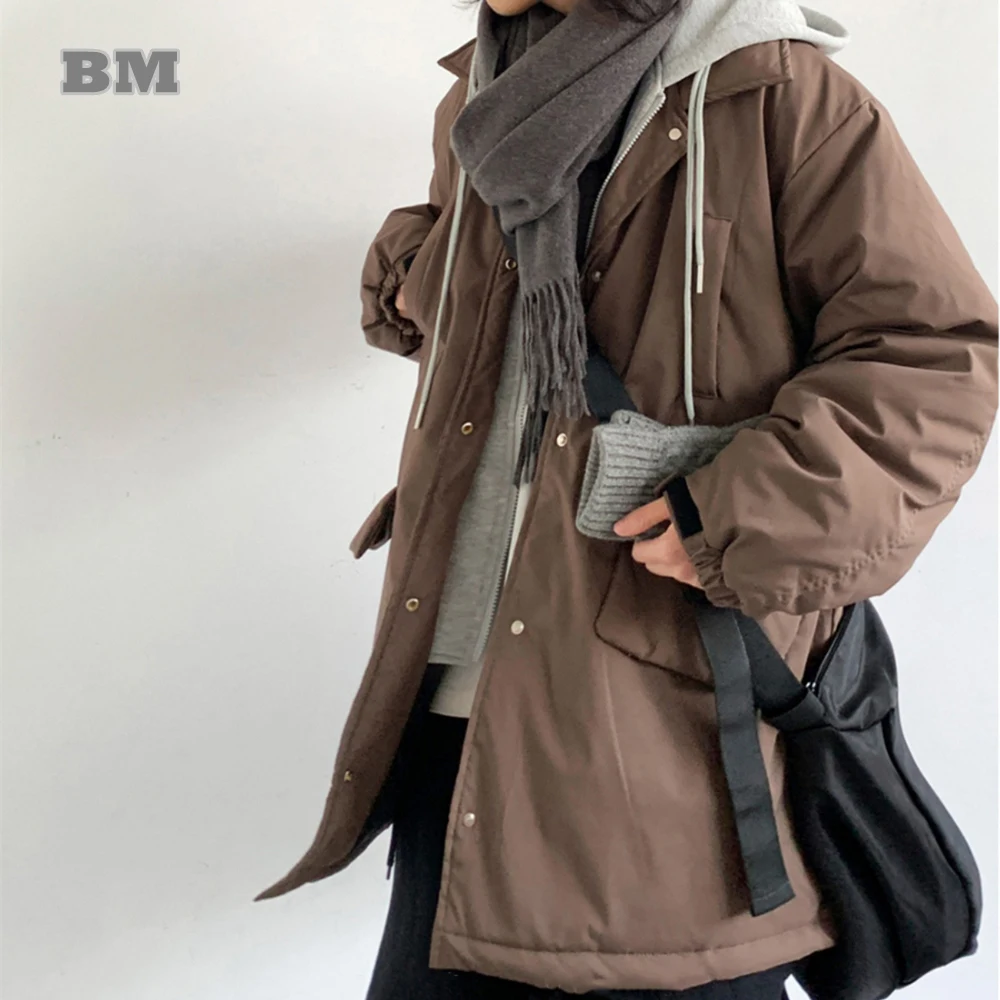 

Winter Korean Streetwear High Quality Fake Two Hooded Padded Jackets For Men women Preppy Style Parkas Hip Hop Heavy Coat