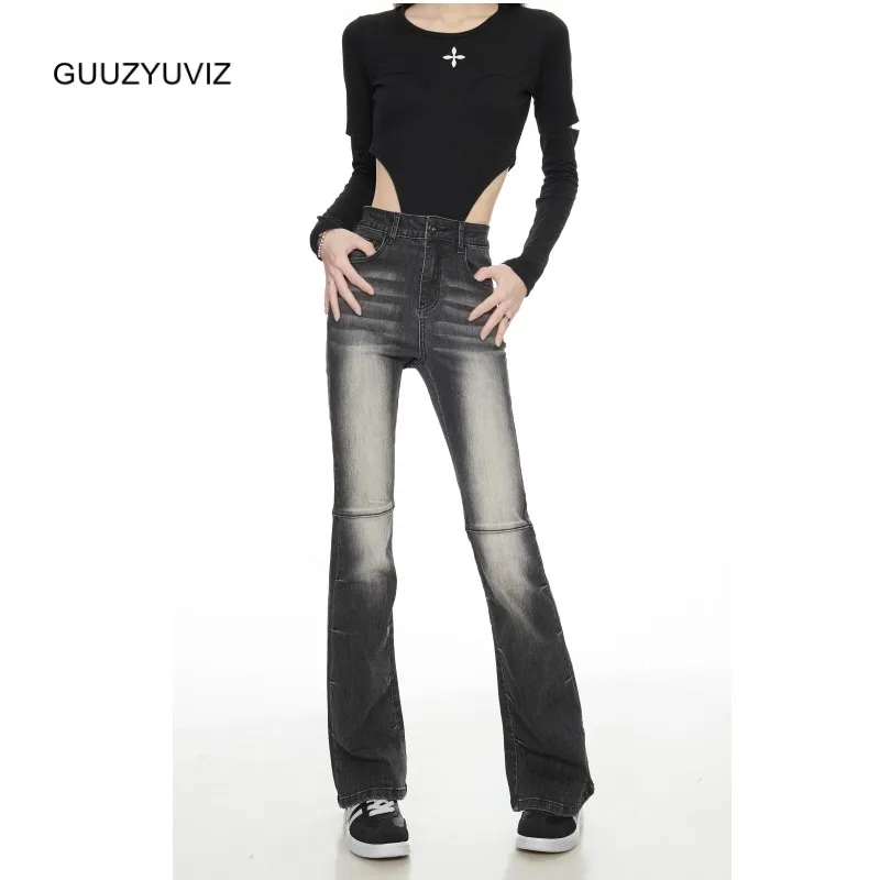 

Женские джинсы в стиле High Street, свободные брюки-клеш с высокой талией, повседневные мешковатые джинсовые брюки с эффектом потертости, Y2k, Осень-зима 2023