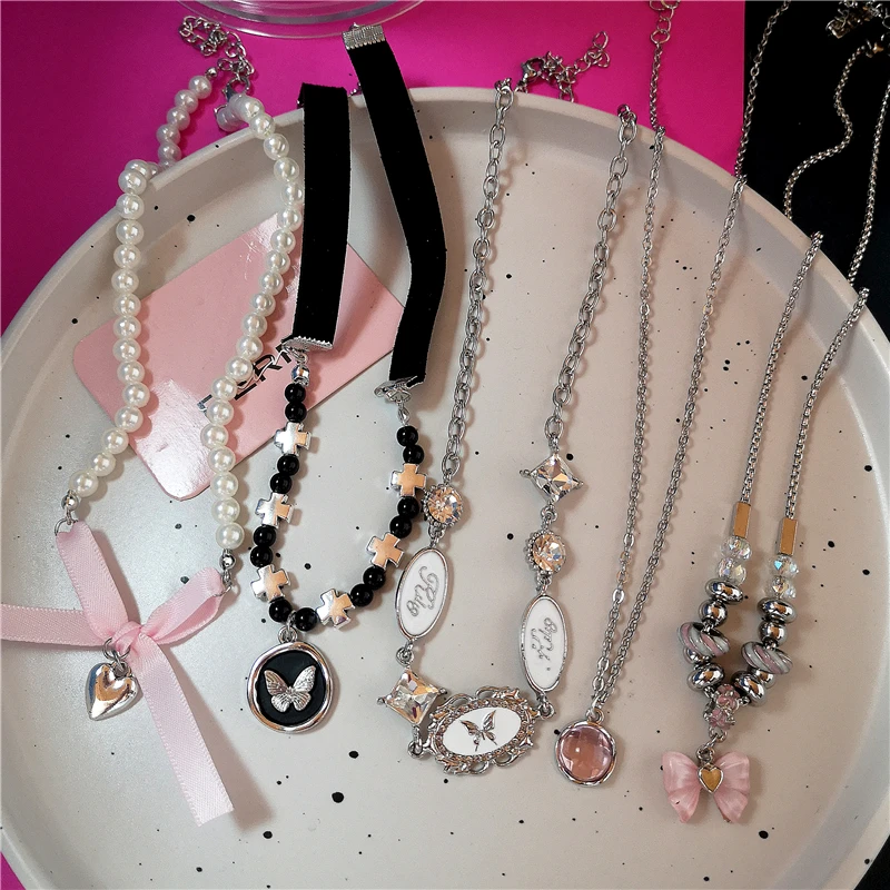 여성용 고스 하라주쿠 빈티지 미학 나비 하트 진주 비즈 크로스 체인 초커 목걸이, Y2k EMO 쥬얼리 액세서리 
