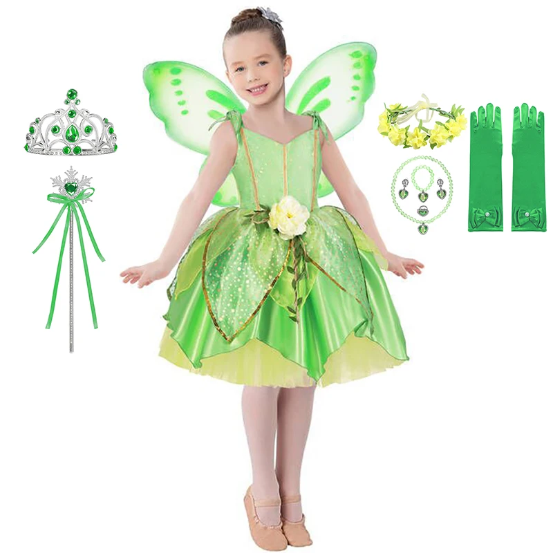 

Girls Fairy Costume For 2-7Years Kids Princess Tinker Bell Dress with Wings Headband Wand Toddler Fancy Birthday Party Gowns