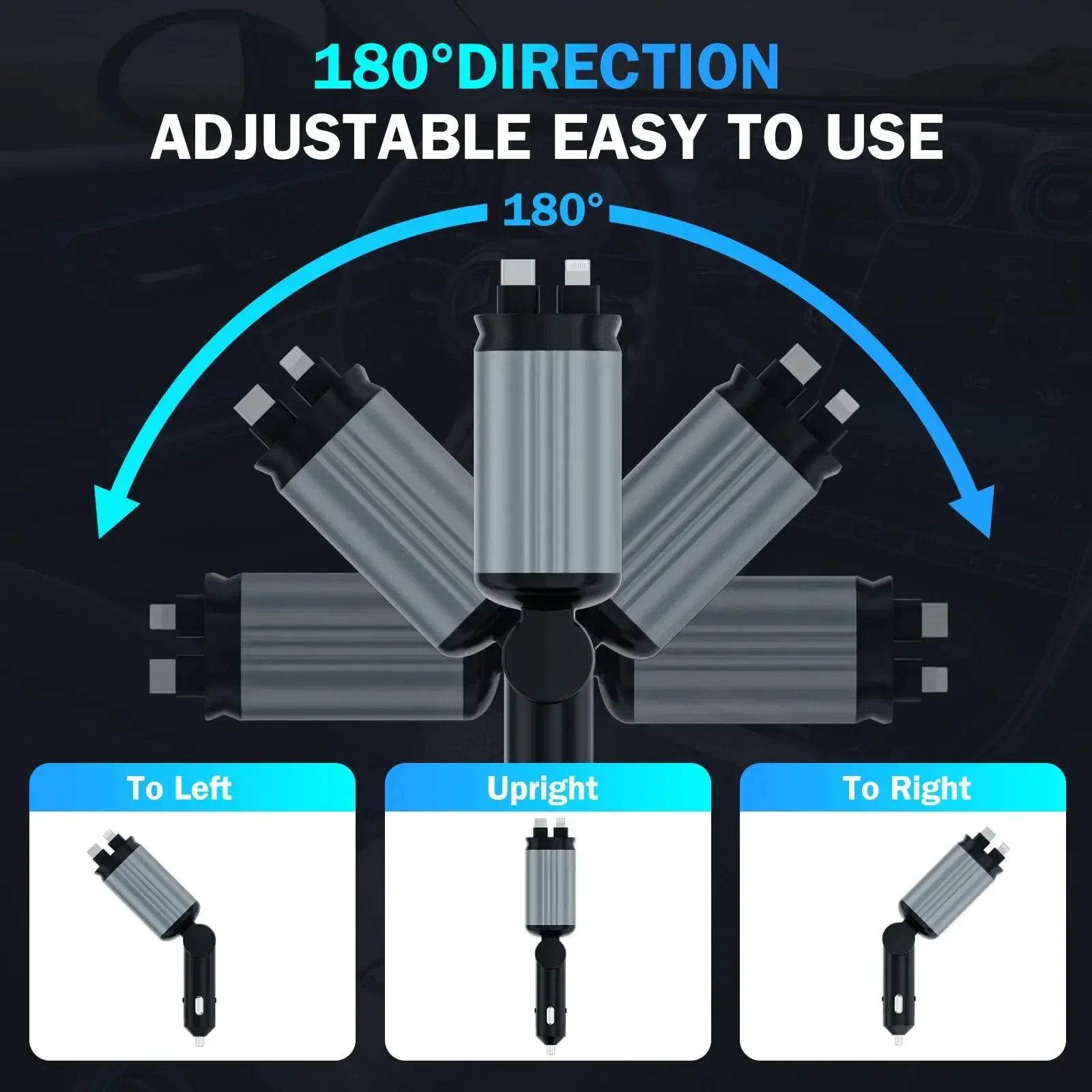 Caricabatteria da auto retrattile con adattatore per caricabatteria da auto Starlight Type-C 120W Caricatore per telefono da auto 4 in 1 con 2 porte USB Star Top Light  34