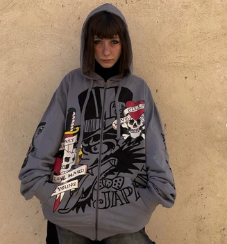 Loose Letter Printed Skull Personalized Punk Trend Sports Hoodie Y2K Street Casual Hip-hop Loose Oversized Jacket Men and Women