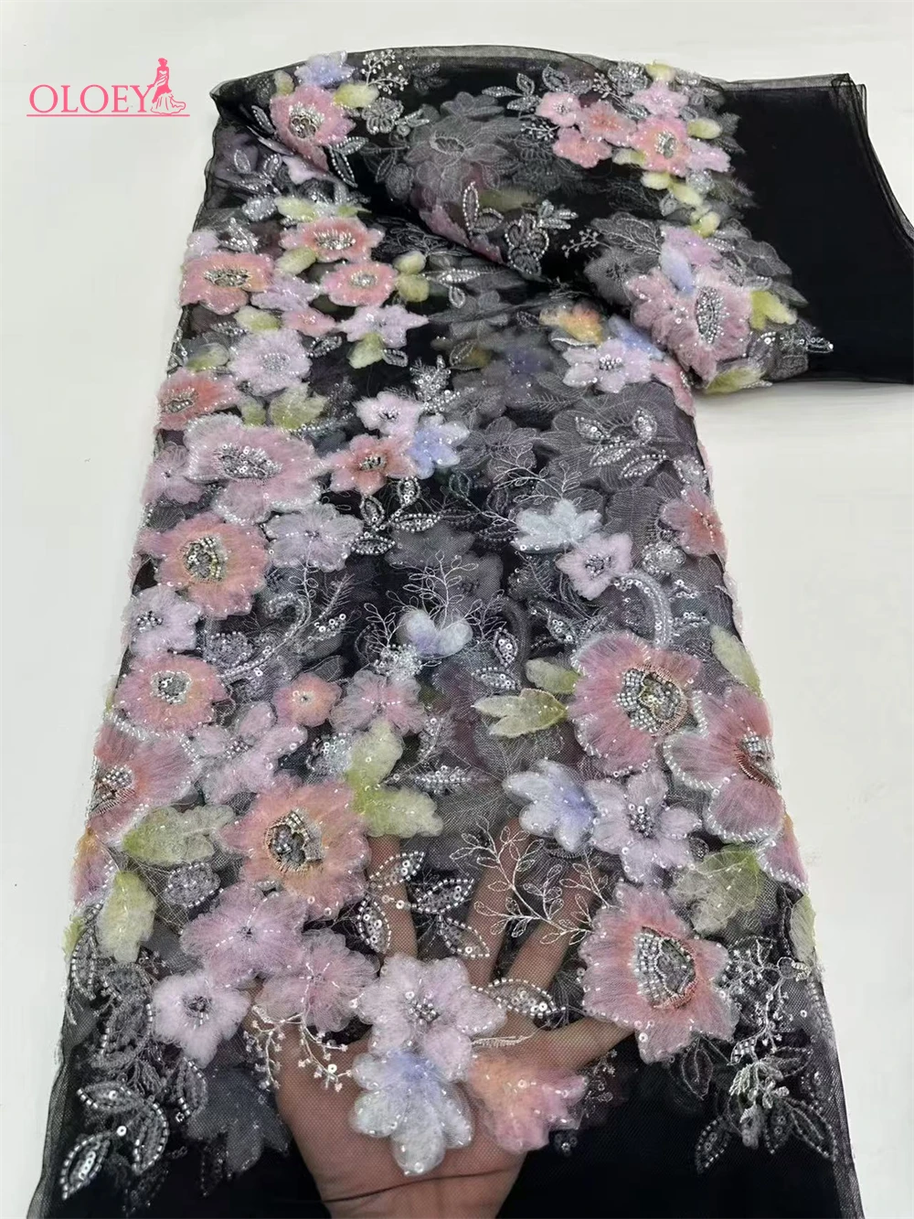 Latest Hot Sale Fashion Africa Lace Fabric High Quality Handmade Embroidery Lace With Beads Sequins Party For Wedding Dress
