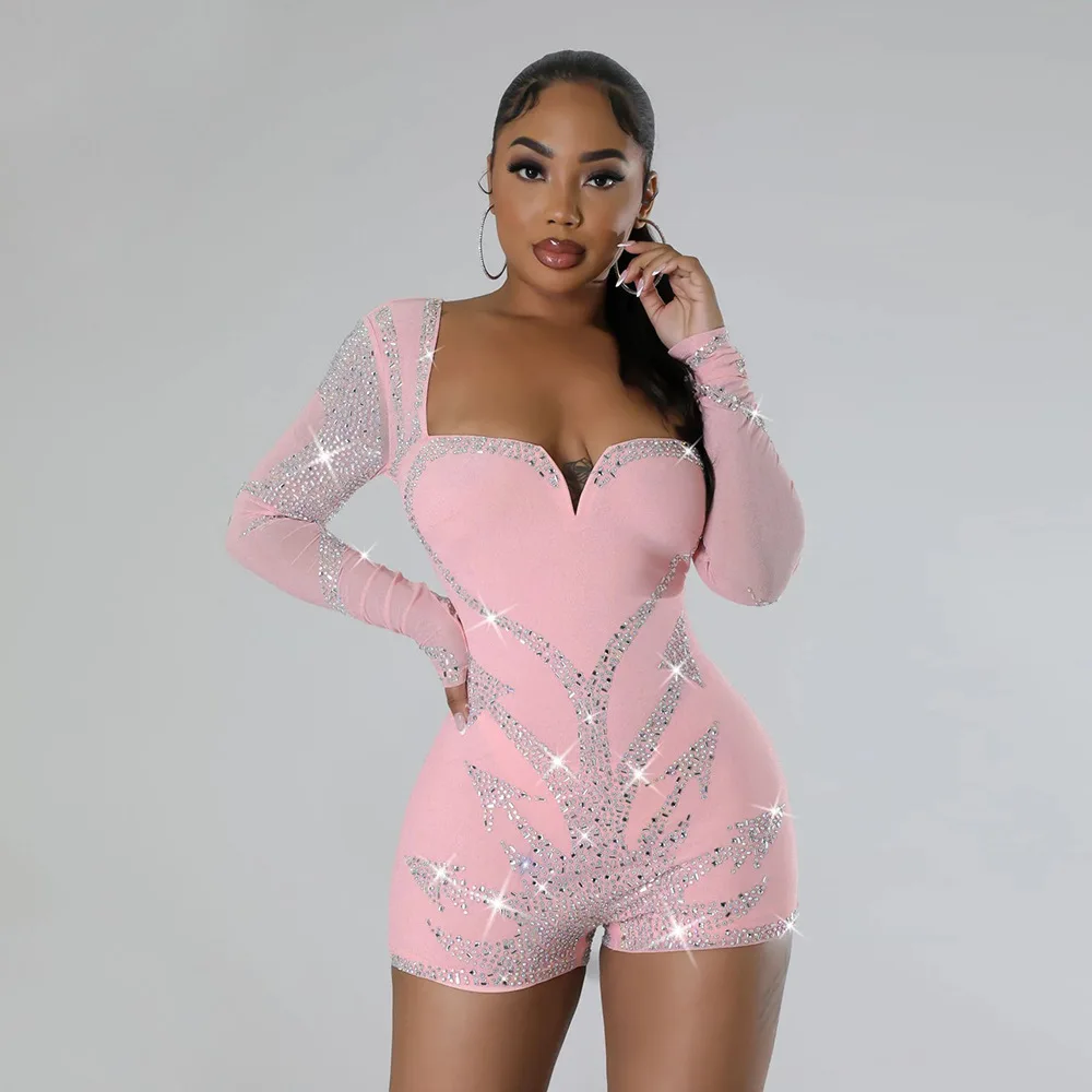 

Crystal Mesh Sheer Diamond Bodysuit For Women Long Sleeve Sexy Jumpsuit Night Club V Neck Skinny Pleated Romper Overall