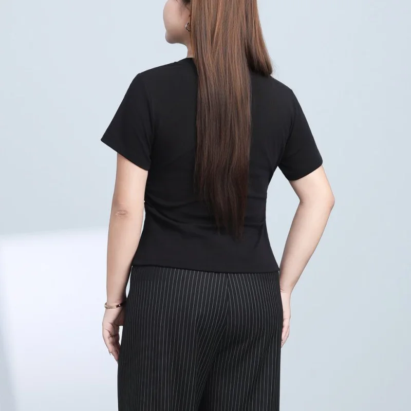 Contrasting Color V-neck Simple Fold Waist T-shirt Plus Size Women's Summer Commuting Style 100KG Premium Short Sleeve Tees