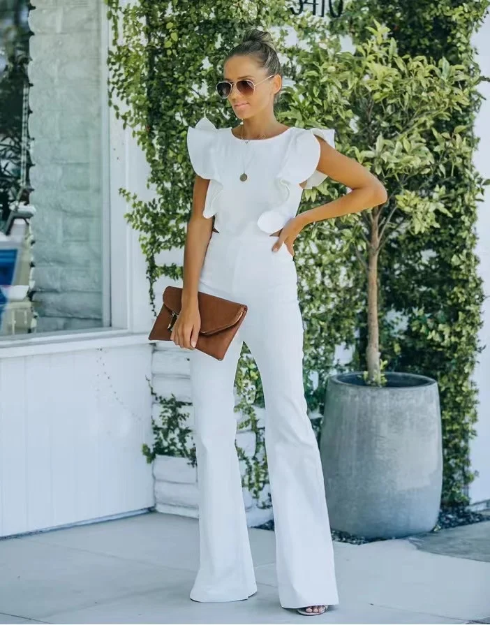 

Zabrina White Ruffle Sleeve Jumpsuit Solid Elegant Backless Patchwork Fashion Overalls Flare Pants Street Trendy Night Shop