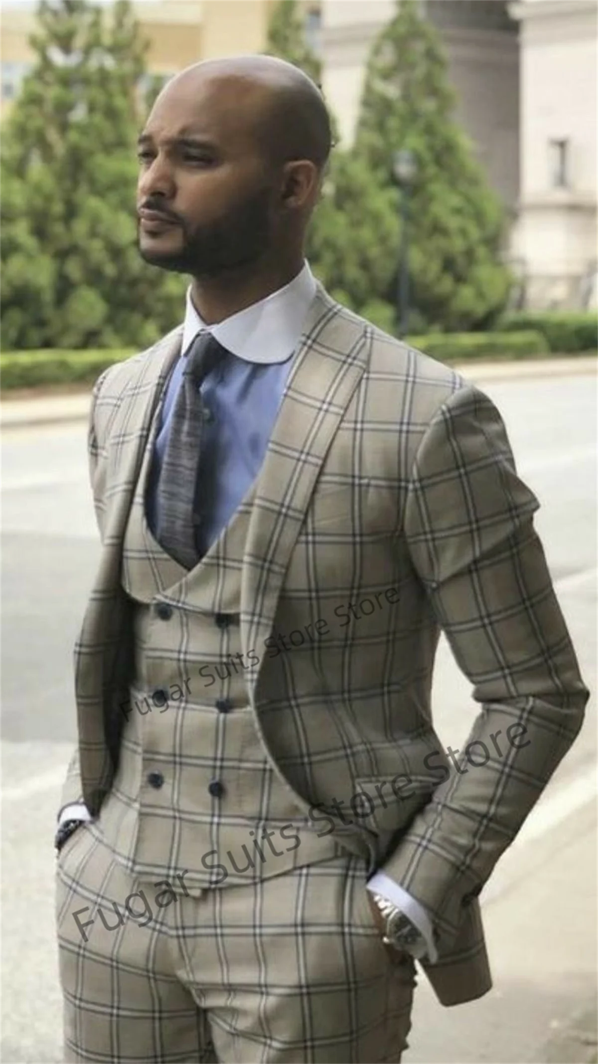 Business Gray Plaid Suits For Men Slim Fit Double-breasted Vest Groom Tuxedos Prom3 Pieces Sets Elegant Male Blazer Traje Hombre
