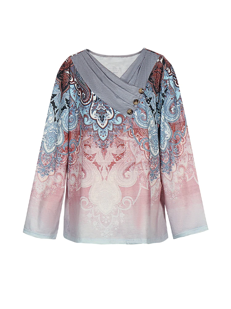 Übergrößen Vintage Paisley-Print Langarm-Oberteil, Wasserfallausschnitt mit Knopfdetail, Lässige Bluse, Retro Alltags-Pullover-Shirt für Damen – Detail 4