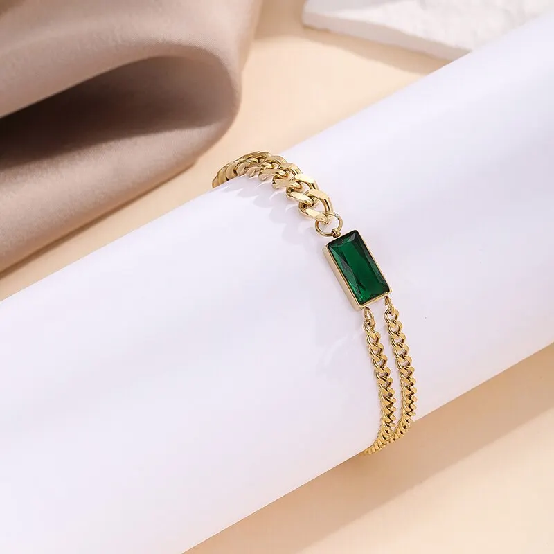 

Women Geometric Green Crystal Bracelets Rectangle Girls Casual Link Chain Bracelet Trendy Glass Stone Jewelry Female Accessory