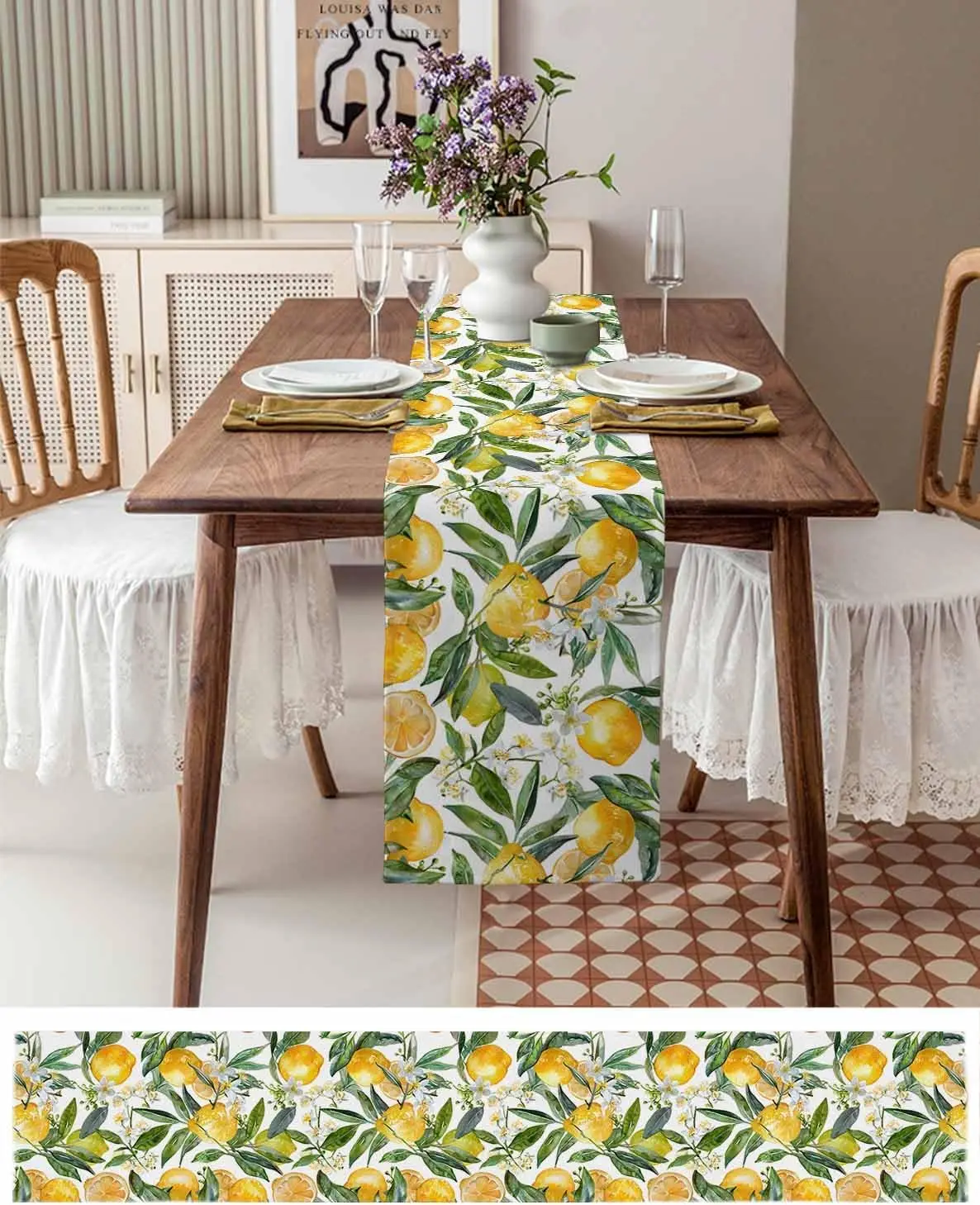 Spring Lemon Leaves Linen Table Runner Dresser Scarf Decor Summer Yellow Green Botanical Flower Table Runners Dining Table Decor 2