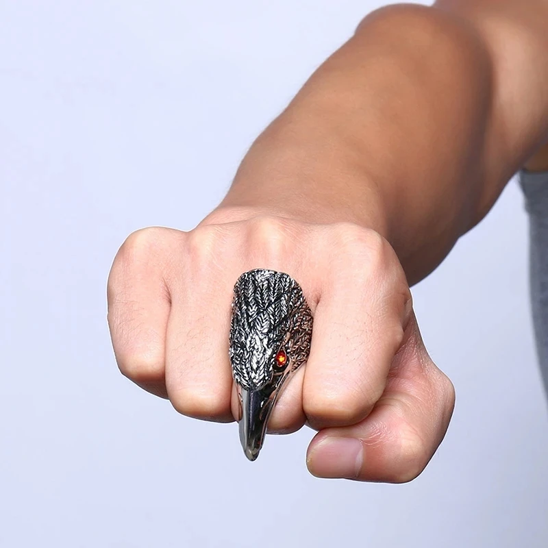 Stainless Steel Eagle Ring For Men Blood Red Crystal Eye Punk Style Men's jewelry Ring Hip-Hop Biker Boy's Cool Jewelry