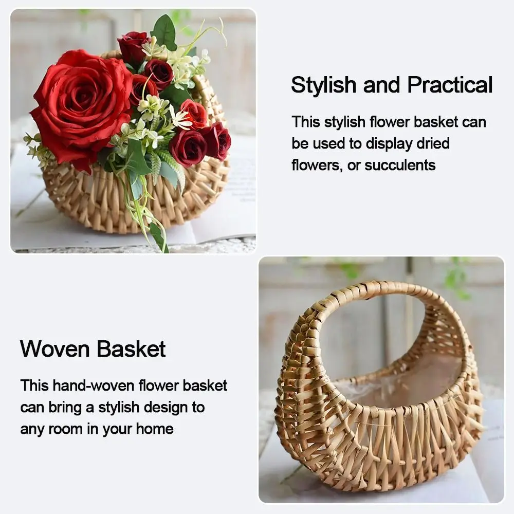lower Arrangement Basket Half Moon Wicker Basket Woven Basket With Handle Wedding Flower Girl Baskets Sturdy Picnic Home Decro 5