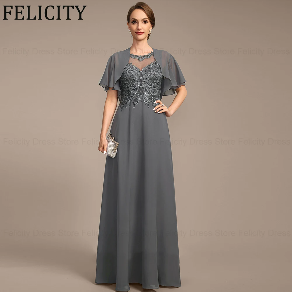 

FELICITY 2 Piece Elegant Mother of the Bride Dress 2024 A-line Scoop Chiffon Wedding Guest Dresses Applique Sequin Evening Gowns