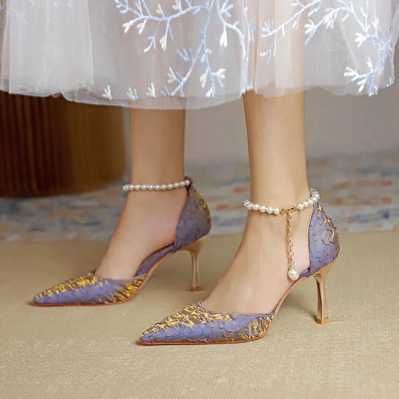 Summer 2024 New Women's Sandals Pointed Toe Pearl Pleated Face Stiletto Banquet Dress Shoes
