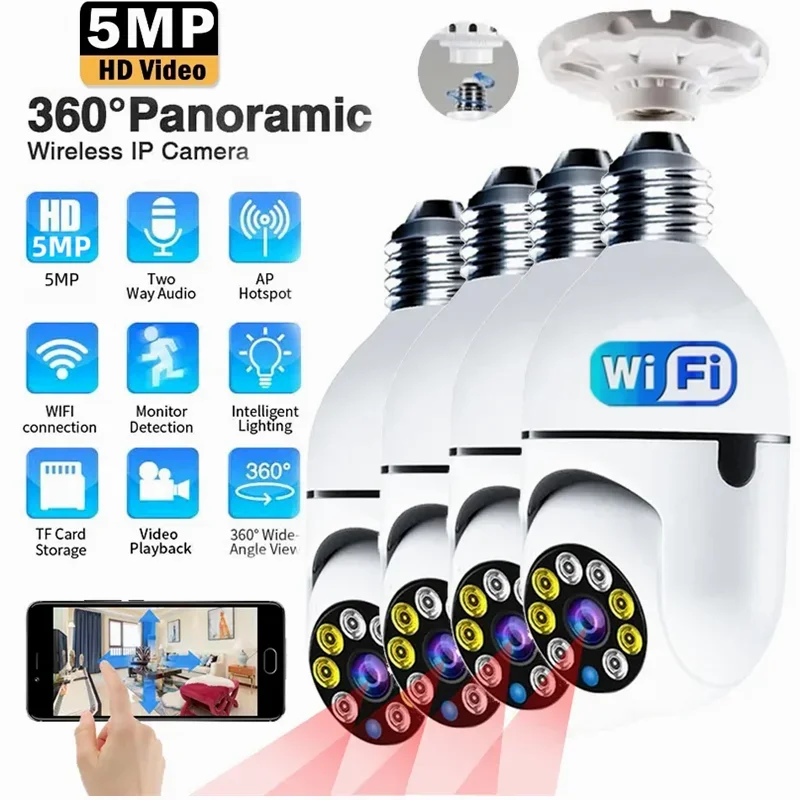 5Mp E27 Lampadina Sorveglianza 4X Zoom Digitale Fotocamera Wifi Wireless Baby Monitor Telecamere Ai Tracking Home Color Night Vision Cctv Cam