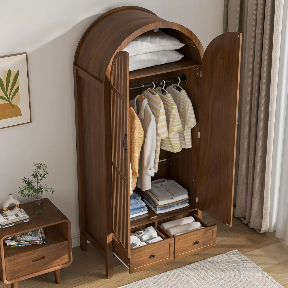 Wardrobe closet with drawers and 2 arched fluted doors. 70.87" tall wooden bedroom armoires with shelves and hanging rod. 6
