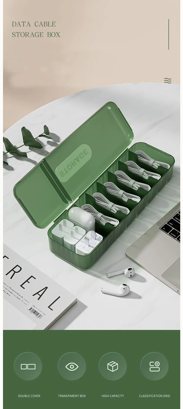 Description Picture 4 of itemFashionable Double Cover Design Desktop Storage Box Thickened PP Material Data Cable Dark Green Drawer Storage Box With Cover