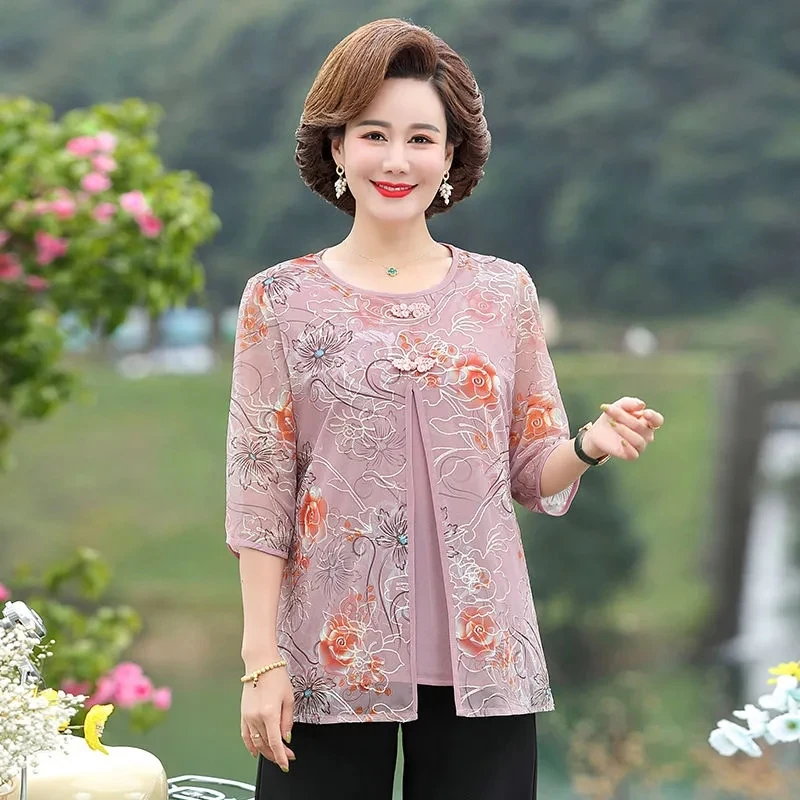 Middle Age Women Summer Chiffon Blouse New Fake Two Pieces Shirts