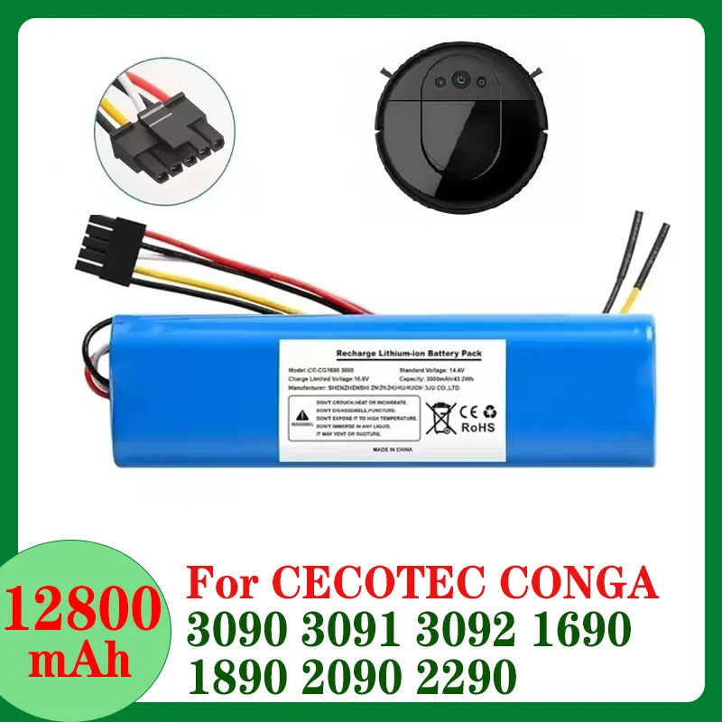 14.4V 12800mAh Battery Pack for CECOTEC CONGA 3090 3091 3092 1690 1890 2090 2290 Robot Vacuum Cleaner Accessories