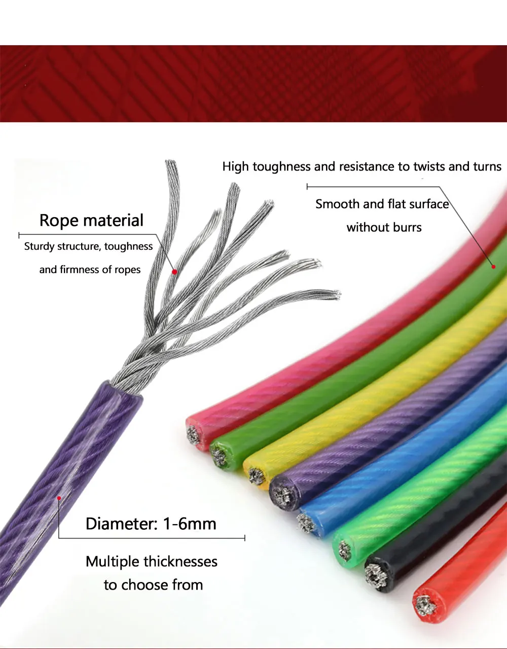 5-100M Stahldrahtseil 304 Edelstahl PVC-beschichtetes Kabel Durchmesser 1/2/3/4/5/6mm Grün/Rot/Schwarz/Gelb/Blau/Transparent – Detail 2