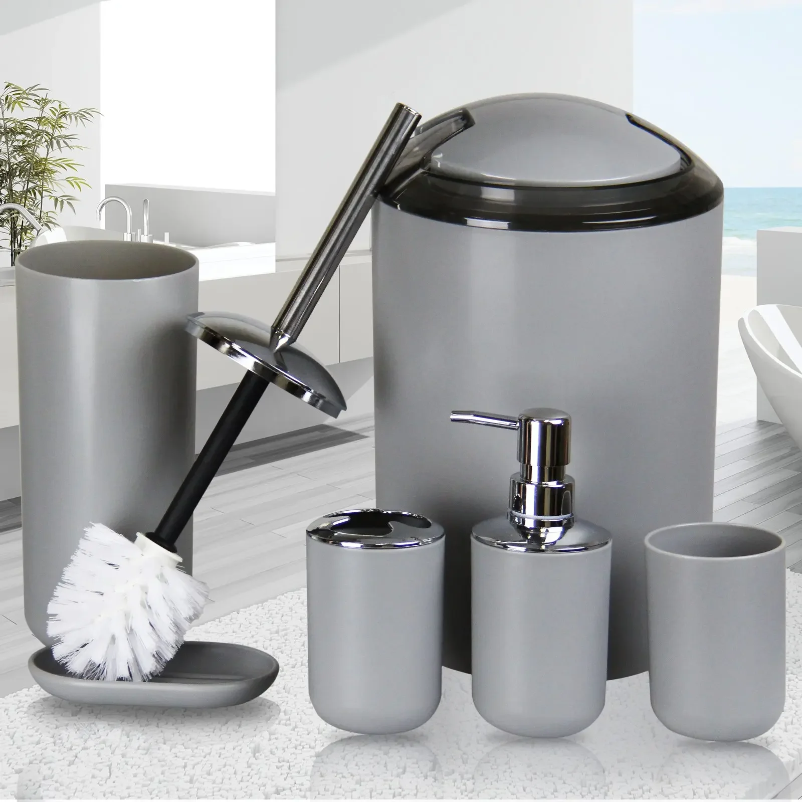 Bathroom Accessories Set 6 pcs Toothbrush Holder Toothbrush Cup Soap Dispenser Soap Dish Toilet Brush Holder Trash Can