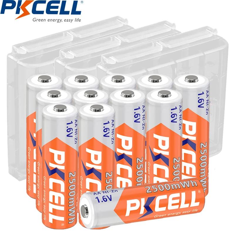 

12Pc PKCELL 1.6V AA NIZN battery AA Rechargeable Battery 2A Batteries 2500MWH with 3Pc AA Battery Hold Case Box for toys camera