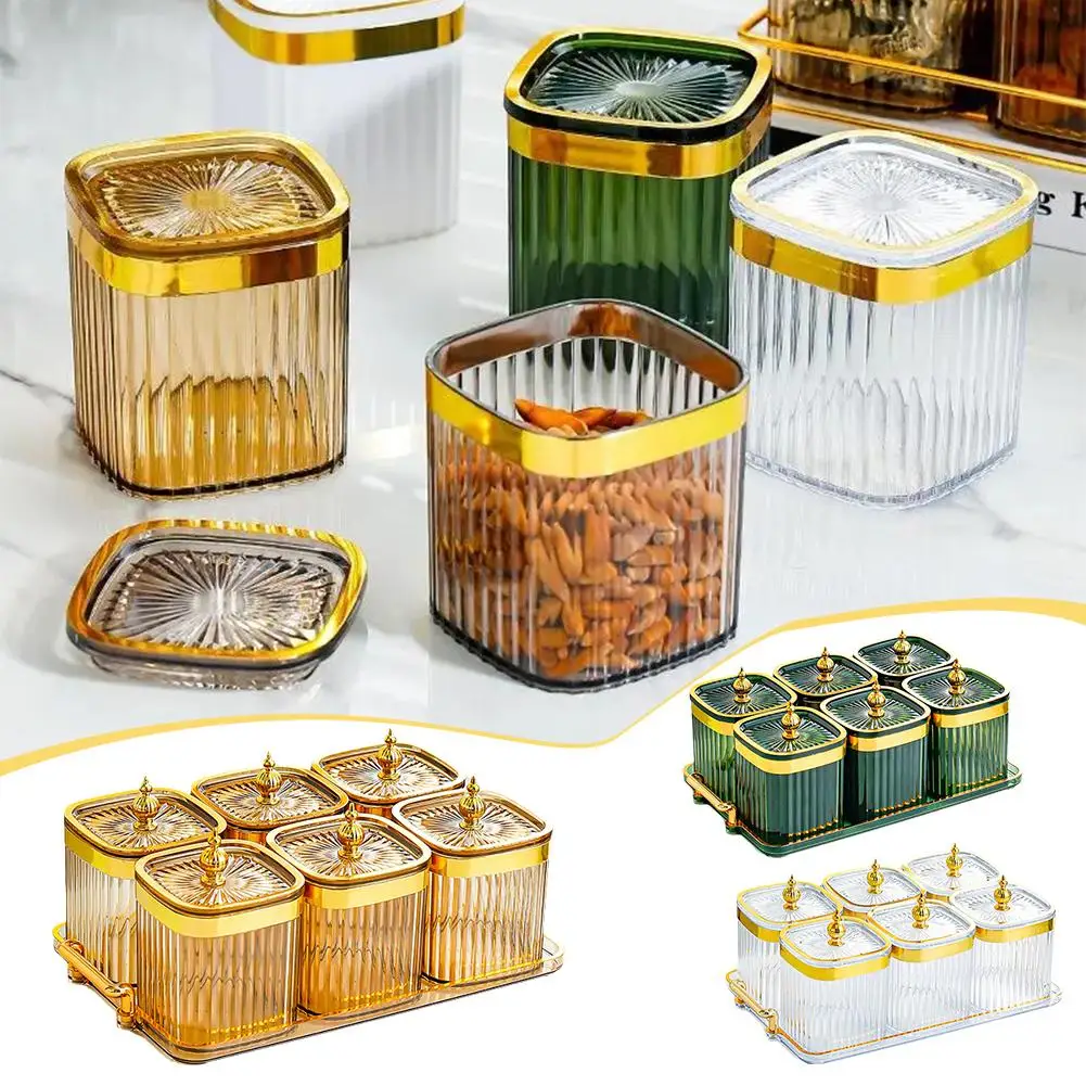 

6 In 1 Storage Jar Tray With Lid Gold Luxury Household Kitchen Salt Supplies Box Jar Seasoning Bottle Combination D0C8