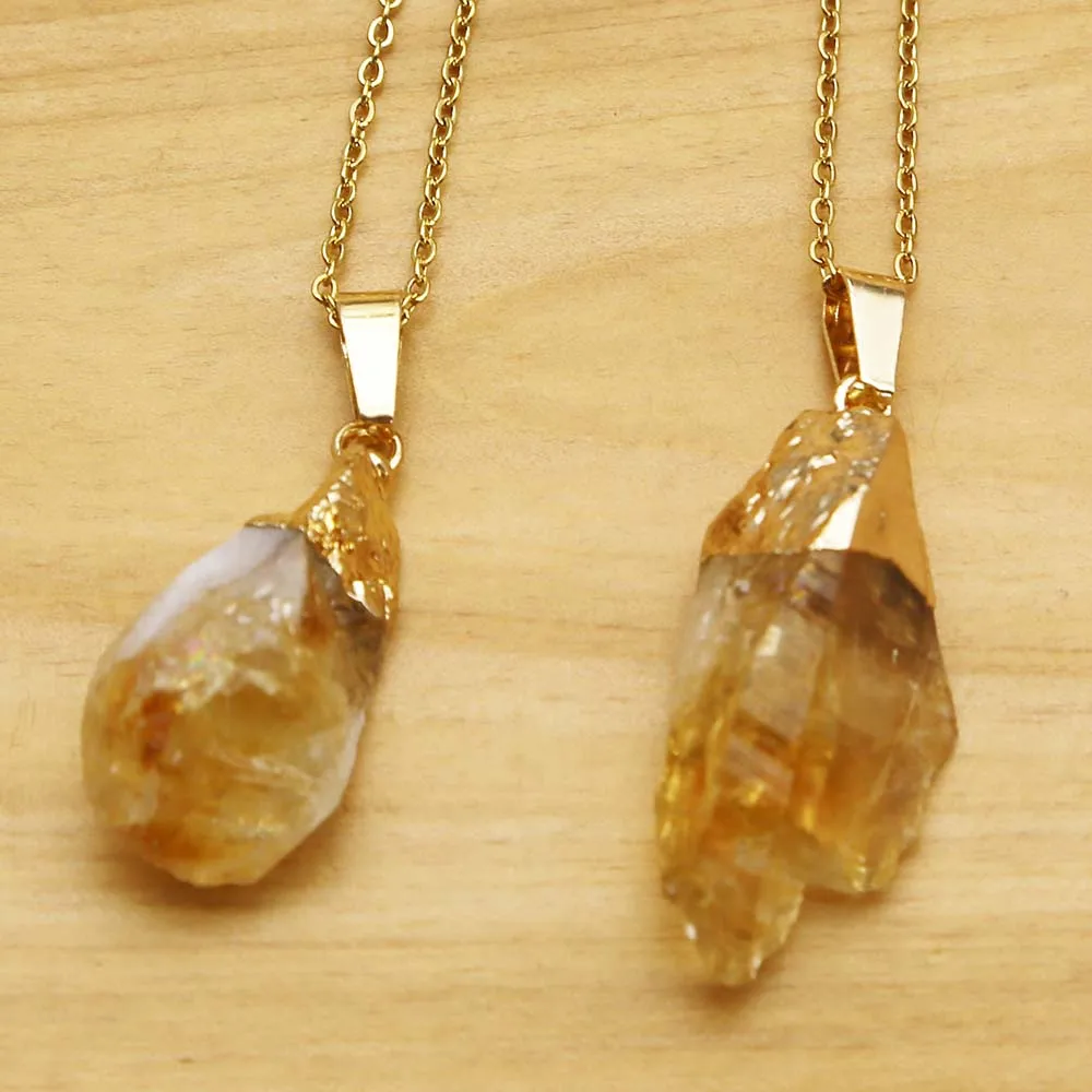 Natural Raw Ore Topaz Yellow Crystal Pendant Irregular Gold Plated Stainless Steel Chain Necklace Charm Jewelry Accessories 6Pcs