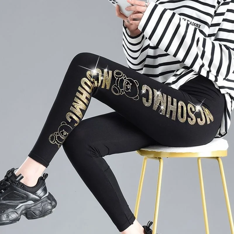 Black Gold Letter Bear Sequin Women's Leggings Pants High Waist Elastic Black Bottoms Pencil Trousers