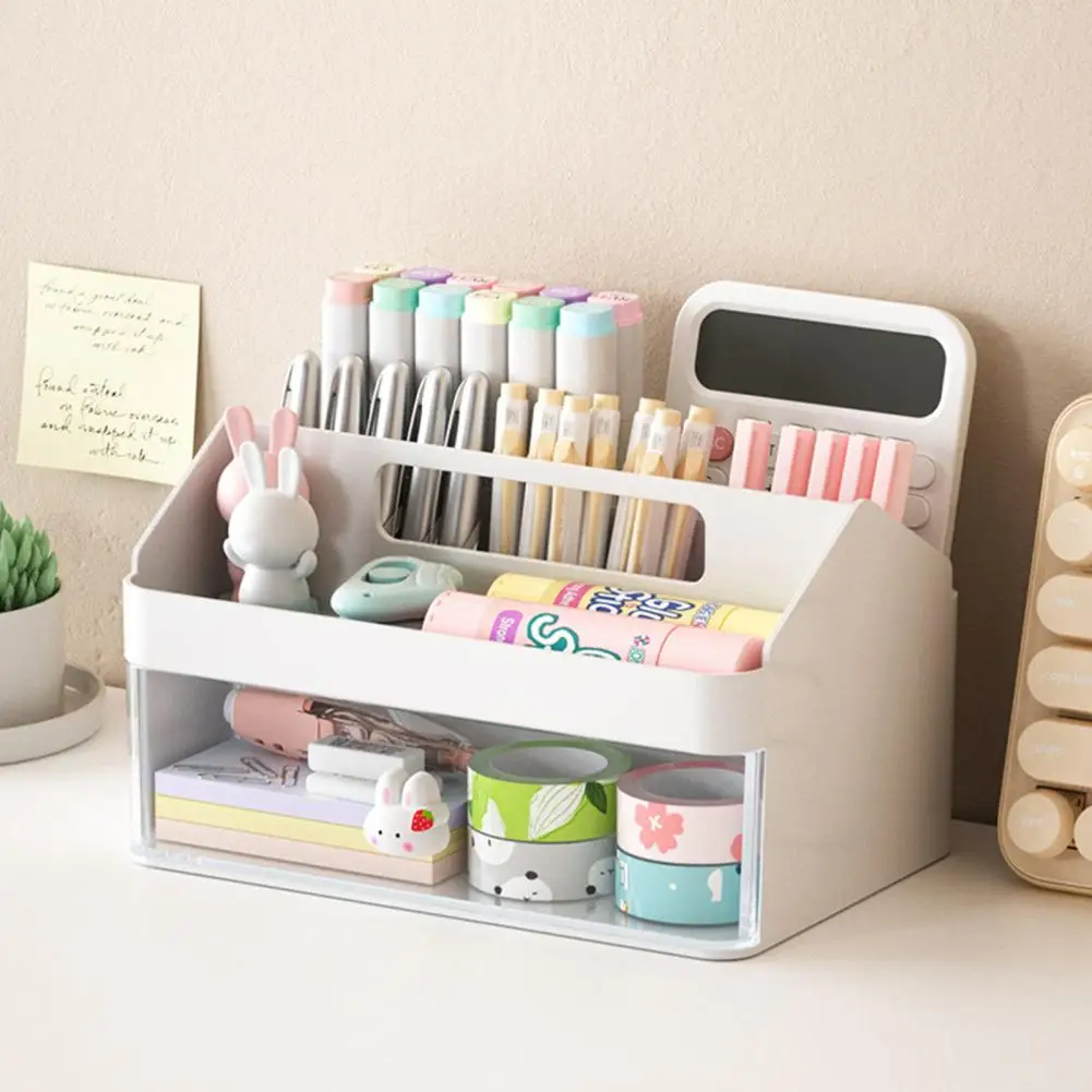 Student Stationery Pen Holder Transparent Drawers Cute Multifunction Solid Color Desktop Organizer Stationery Storage Box storage box