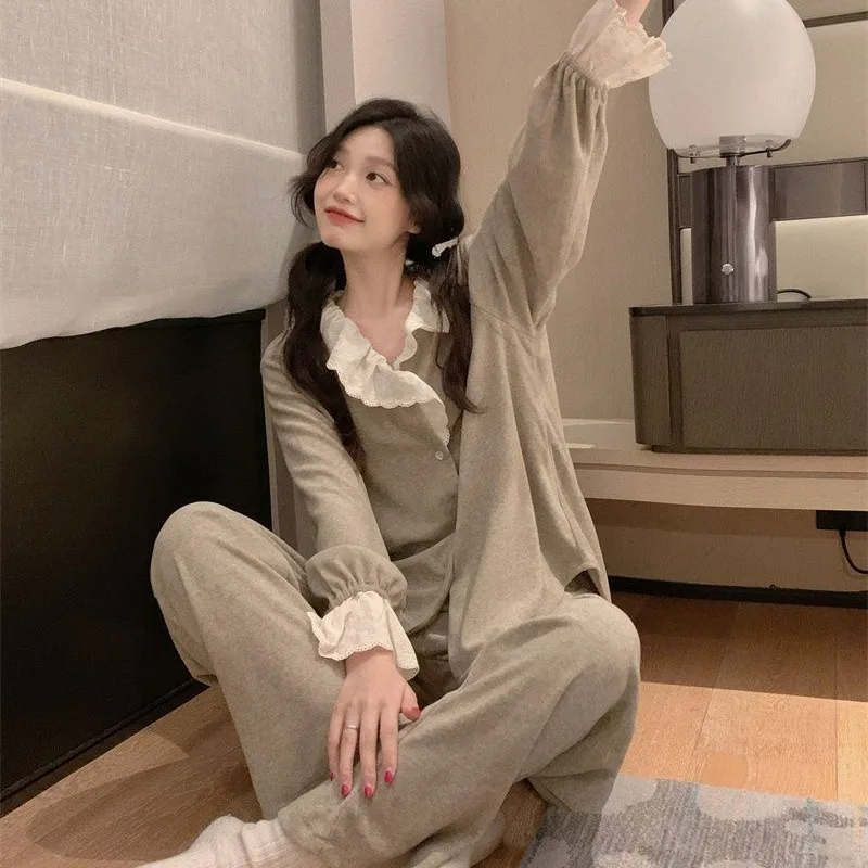 

2024 Latest Korean Style Pajamas Sweet Spring Autumn Sleepwear WomenLong Sleeve Solid Color Home Suit V-neck Lace Nightdress