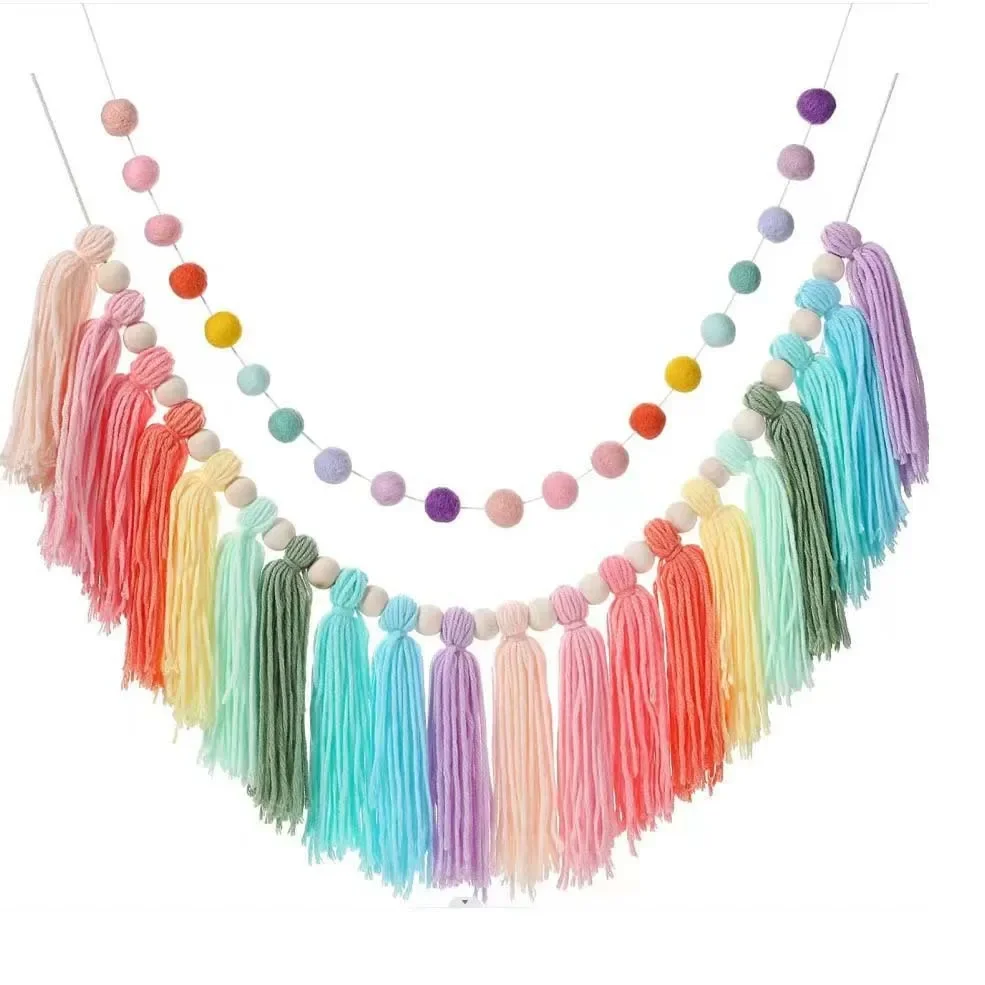 Rainbow Tassel Garland Colorful Pom Garland Wood Bead Easter Spring Girls Bedroom Wall Party Birthday Baby Shower Decor