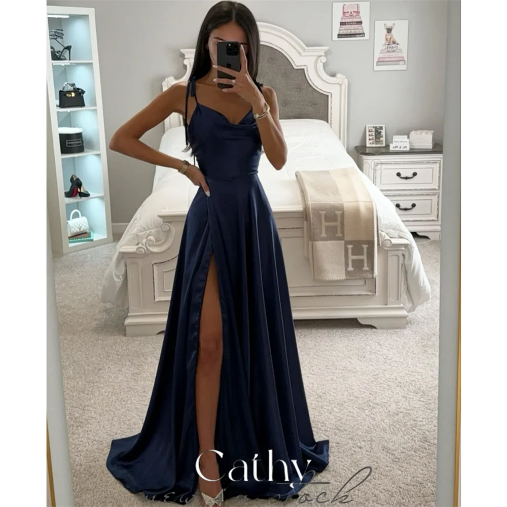 Abito Da Ballo PAVERJER In Raso Blu Navy - Spalle Scoperte, A-Line Con Spacco, Lunghezza Pavimento, Con Tasche, Taglie Forti - 4