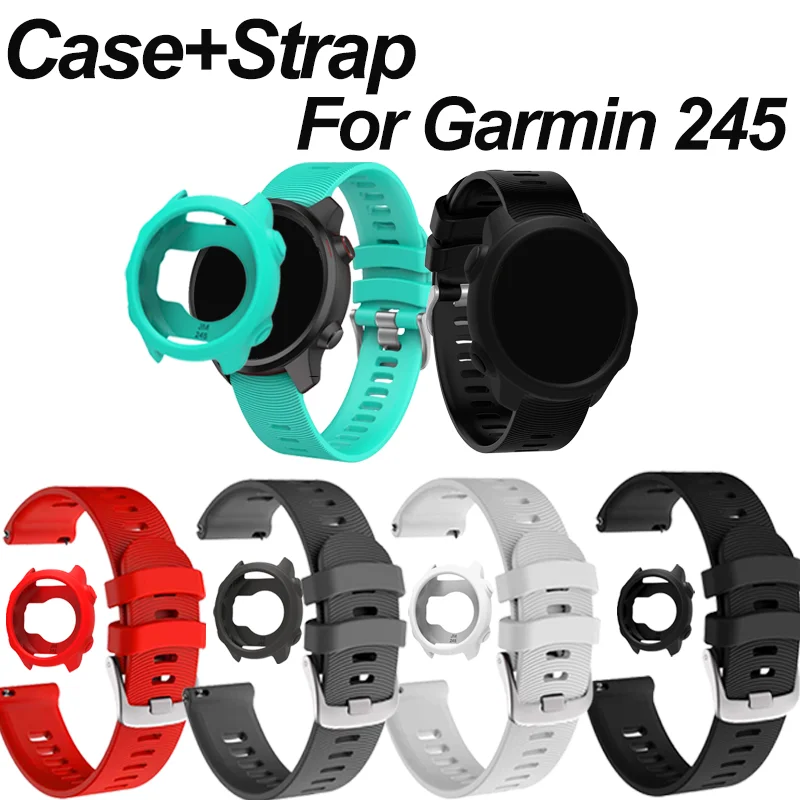 Hülle + Armband kompatibel für Garmin Forerunner 245, 20 mm Silikon-Ersatzbänder und weiche Silikon-Schutzhülle