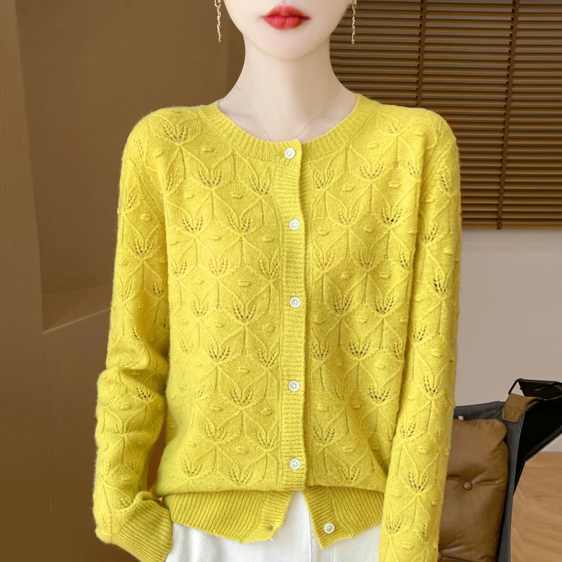 100% Merino Wool Long Sleeve Sweaters Cashmere Cardigan Autumn Winter Women Hollow-out O-Neck Knitwear Tops Clothing Fashion Top 5