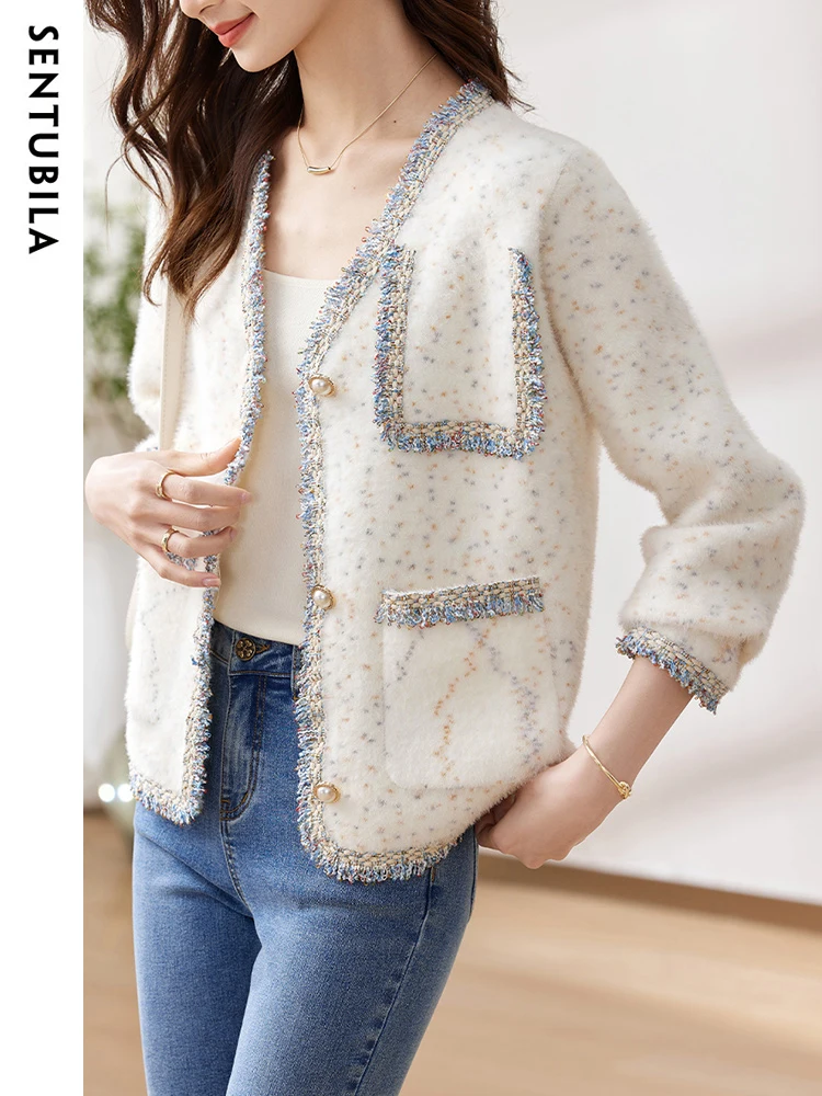 

Sentubila Contrast Tassel Knitted Jackets for Women 2023 Single Breasted V Neck Long Sleeve Elegant Autumn Fluffy Cardigan Coat