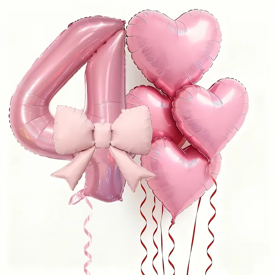 7-teiliges Set Rosa Zahlen-Herzballons 0-9 mit Schleifen für Geburtstag Hochzeit Valentinstag Party-Dekoration Rosa Party-Zubehör Passend – Detail 7