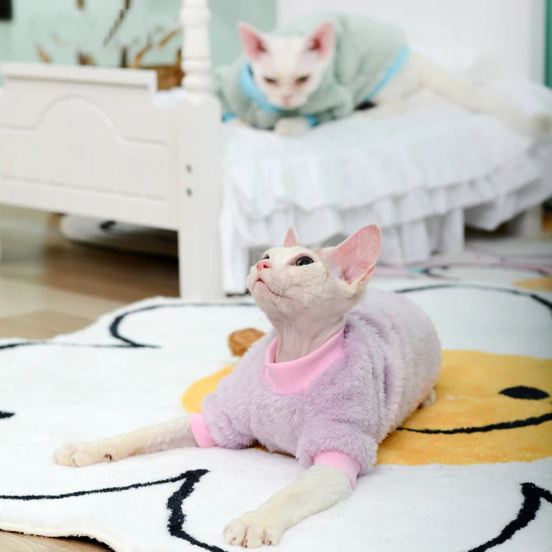 스핑크스 고양이 따뜻한 플리스 점프 수트, 겨울 두꺼운 긴팔 코트, 데본 렉스 소프트 라운지웨어, 새끼 고양이용 의류