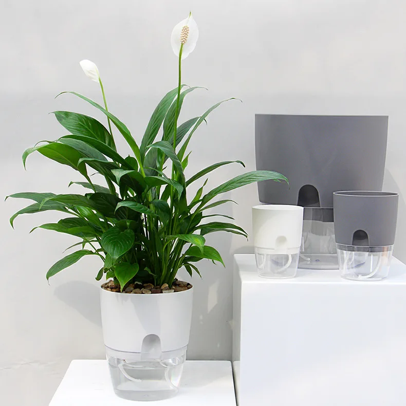 Transparent Double Layer Plastic Flower Pot Self Watering Cotton Rope Watering Small Plant with Injection Port