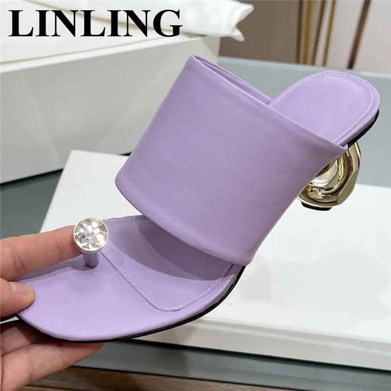 

Fashion Women Chain Strange Heels Slippers 2023 Summer Crystal Decor Party Sandals Genuine Leather Lady Shoes Outdoor Flip Flops