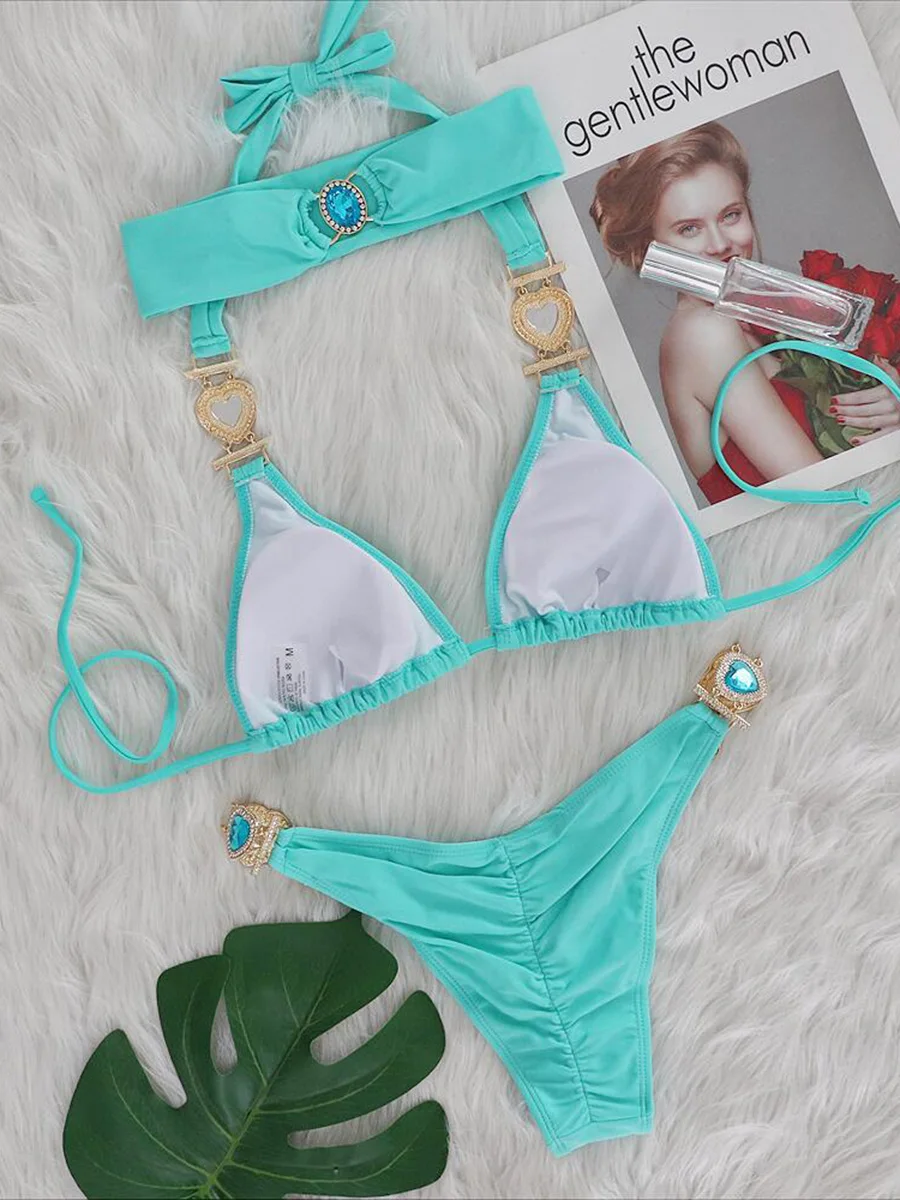 3PCS Halter Jewelled Diamond Bikini Women Swimsuit Female Brazilian Swimwear Three pieces Bikini set Hairband Bathing Suit Swim