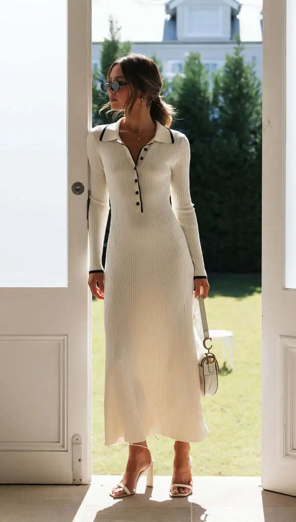 Female Slim Knit Maxi Dress Patchwork Elegant Lapel Contrast Casual Dress High Waist Knitwear Party Dress Autumn Outfit