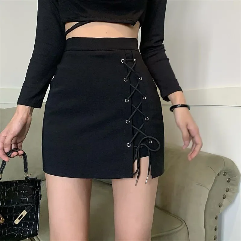 Spring Summer High Waist Mini Skirt Women Sexy Skinny Lace Up Black Short Skirts Woman Streetwear Gothic Y2K Bodycon Skirts earrings halloween skeleton leather gothic water drop earrings in black size one size