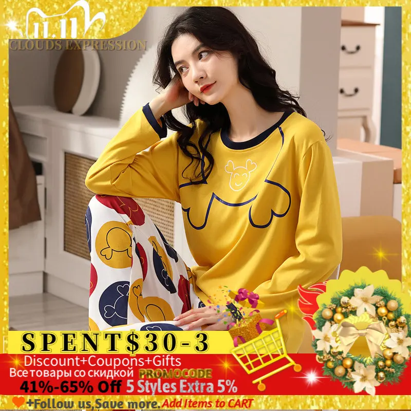 Autumn Sleep Lounge Pajama Long Sleeved Top Polka Dots Women Pajama Sets Cartoon Pyjamas Cotton Sleepwear Women M L XL XXL XXXL women pajamas set,cotton pajamas set