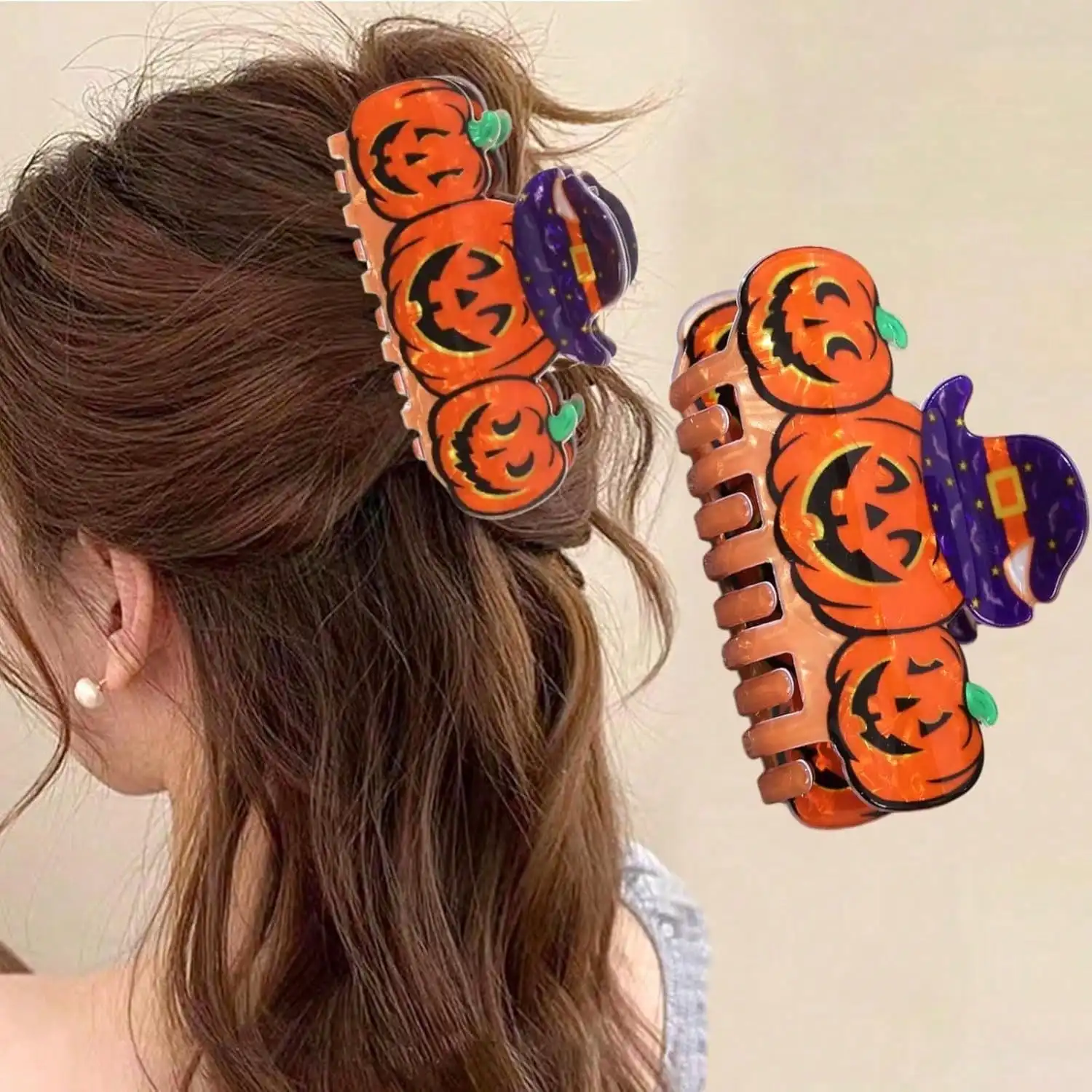 Cute Halloween Hair Clips For Women 1Pcs Pumpkin Design Spooky Hair Accessories Non-Slip Ponytail Clip Medium Hair