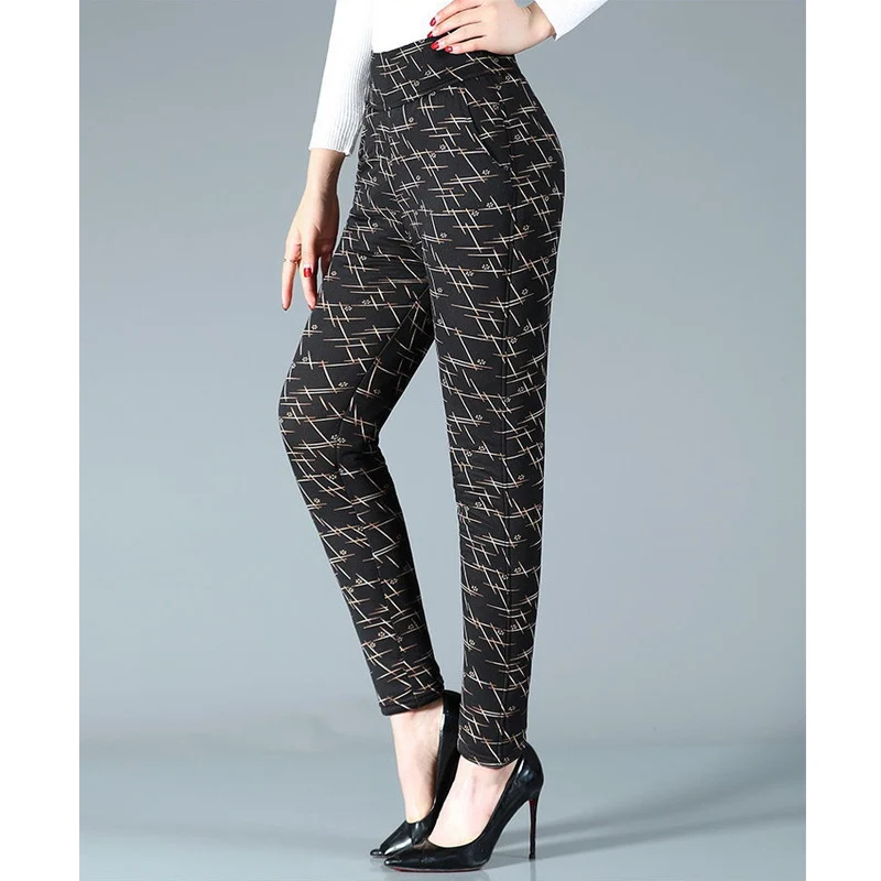 빈티지 플로랄 프린트 플러시 하이 웨스트 슬림 팬츠 여성용, 두꺼운 따뜻한 캐주얼 슬림 팬츠, 2022 가을 겨울