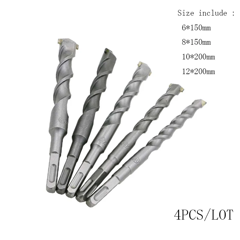 4Pcs,6~12mm*150~200mm Electric hammer SDS Impact Fast Spiral Rotary Masonry Hammer Drill Bits Set Carbide Tip Square Shank