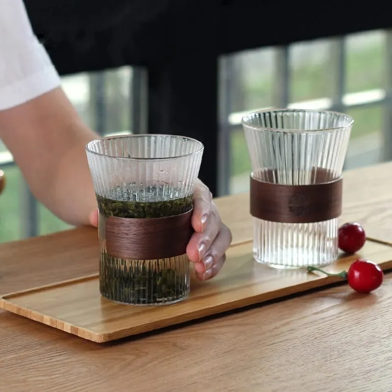 Glass Coffee Mug 350ML Japanese Style Glass Coffee Mug Walnut Cup Sleeve Tea Mugs Beer Mug