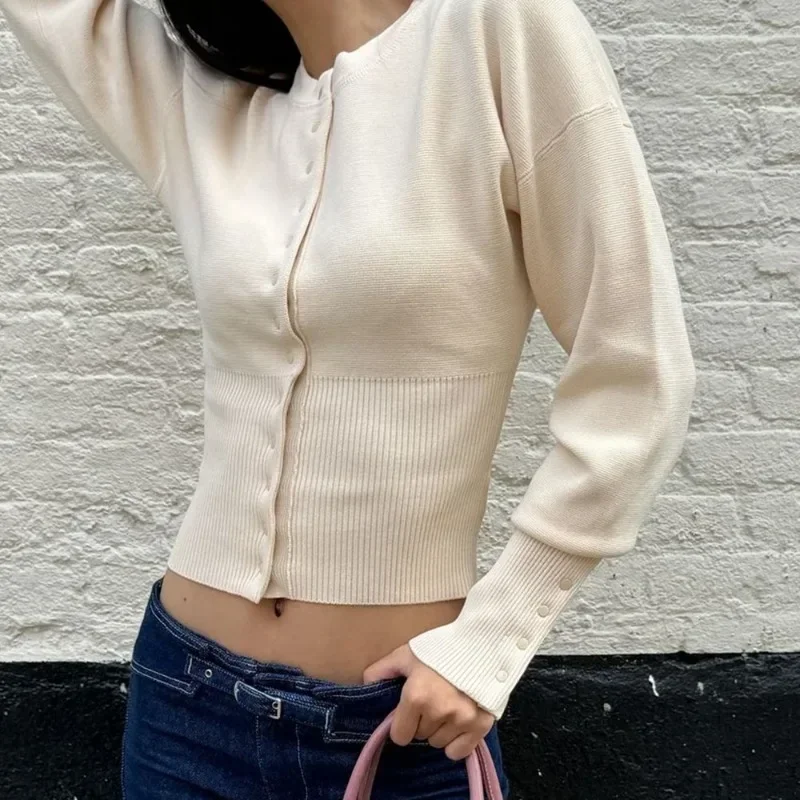 Women's High Waist Round Neck Single Breasted Cardigan Solid Long Sleeve Short Sweater Top Autumn Slim Bottoming Shirt 5