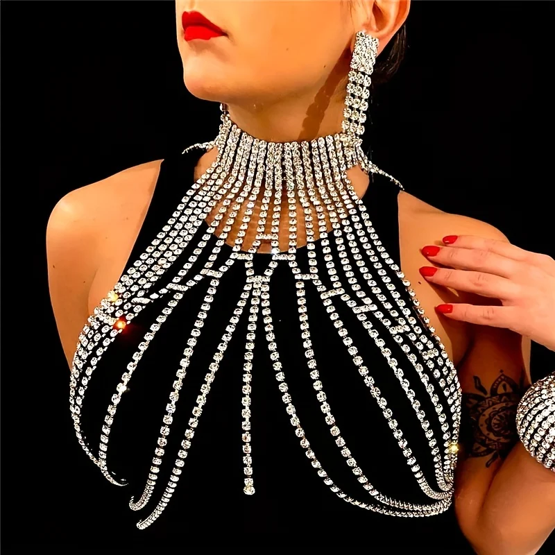 Luxury crystal chest chain, retro and high-end, multi-layer rhinestone necklace, body chain, dress accessories